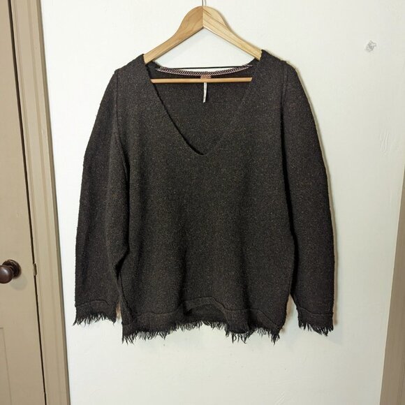 Free People Sweater Irresistible Fringe Wool-Linen V-Neck Marled Dark Brown - Picture 3 of 8